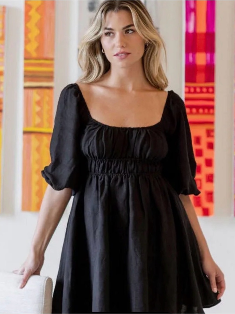 Hermoza Black Square Neck Mini Dress with Puff Sleeves elastic waist lined NWT
